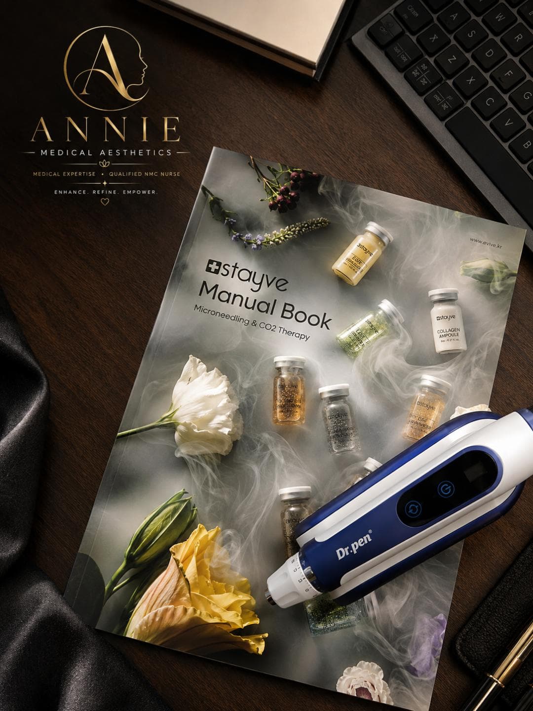 A Dr.pen microneedling device on a Stayve Microneedling and CO2 Therapy manual with treatment ampoules and flowers.