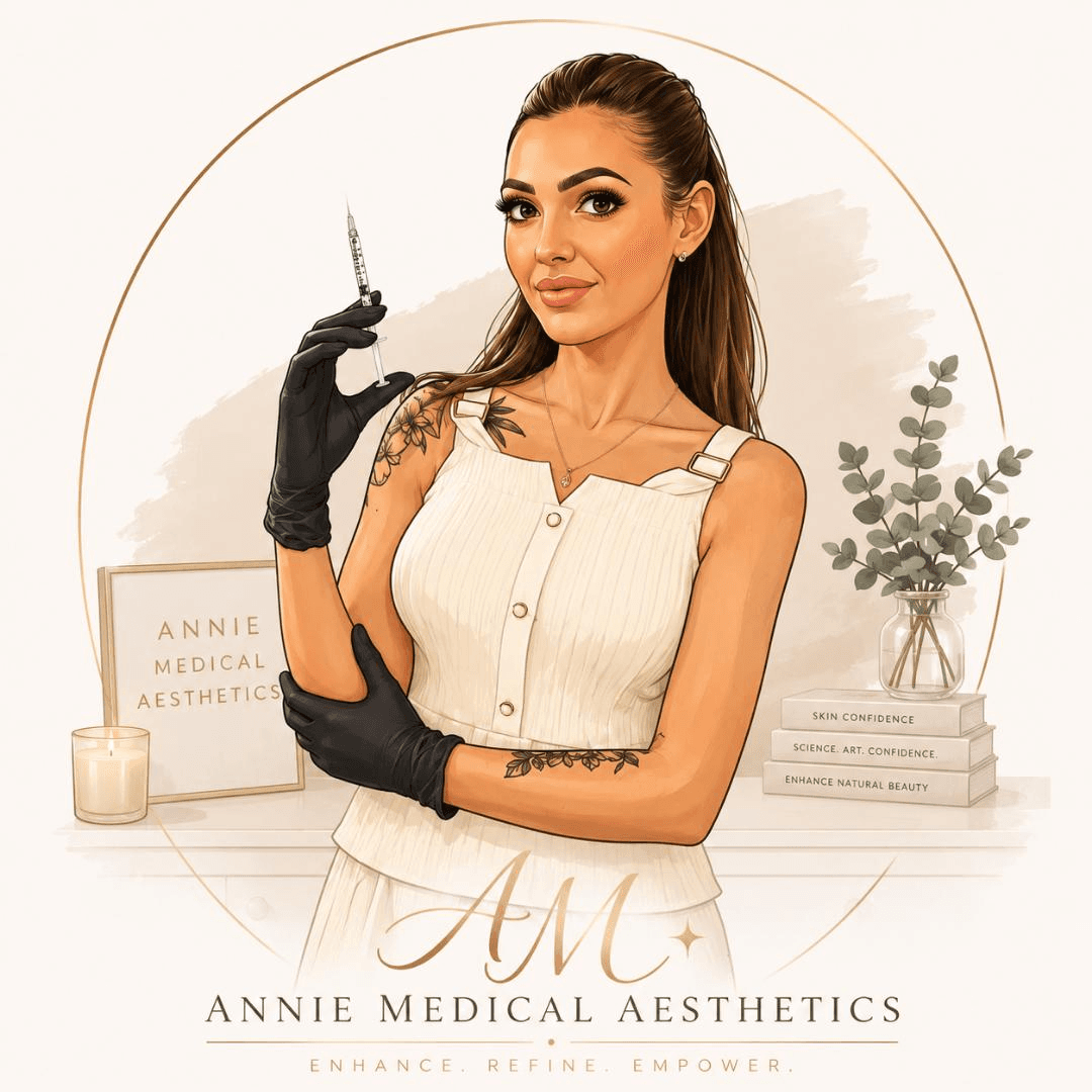 Illustration of Annie holding a syringe beside the Annie Medical Aesthetics monogram, a candle, eucalyptus and books titled Skin Confidence, Science. Art. Confidence. and Enhance Natural Beauty.